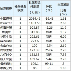 社保基金二季度重倉科創板股一覽表（8月31日）