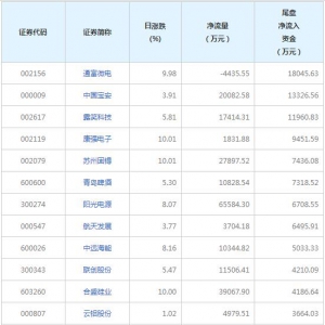 露笑科技等3只個股尾盤凈流入資金超億元（2022年8月9日）