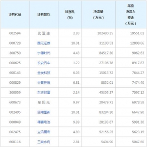 比亞迪等2只個股尾盤凈流入資金超億元（8月17日）